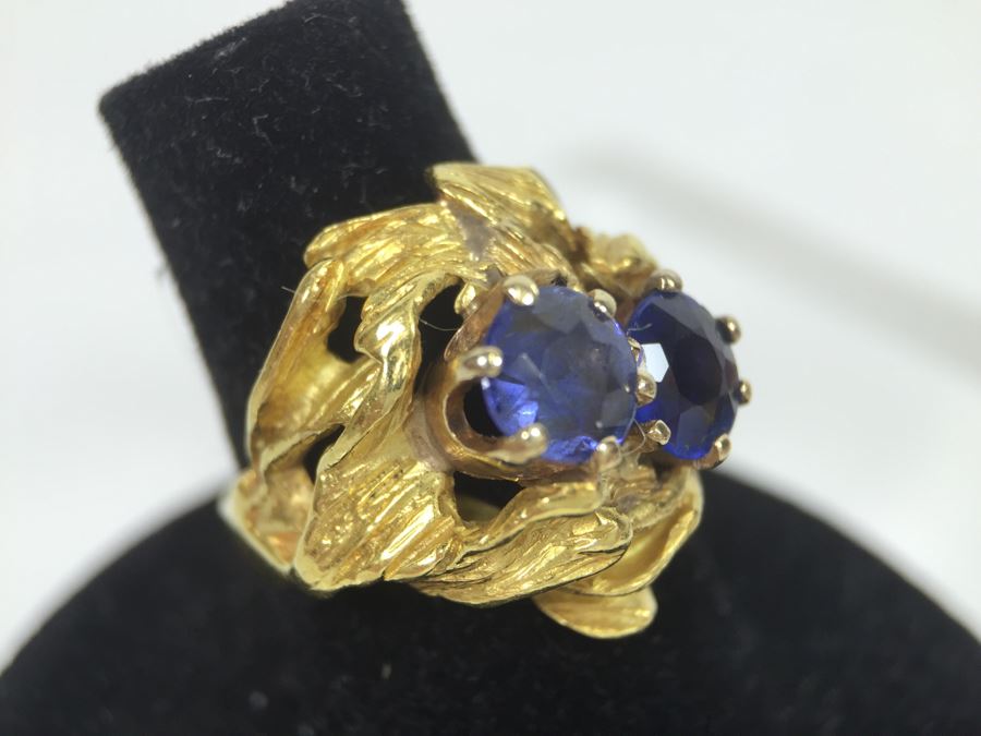 18K Yellow Gold Ring With (2) Round Blue Sapphires 6.2-6.3MM X 4.0MM Apx. 2.5 Carats Total Weight - Each Saphire Appraised At $1,000 Each But They Need Polishing - Must See In Person - Ring Size 6 9.3g [Photo 29]