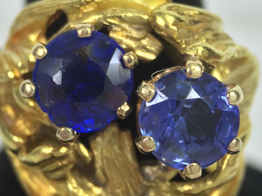 18K Yellow Gold Ring With (2) Round Blue Sapphires 6.2-6.3MM X 4.0MM Apx. 2.5 Carats Total Weight - Each Saphire Appraised At $1,000 Each But They Need Polishing - Must See In Person - Ring Size 6 9.3g [Photo 45]