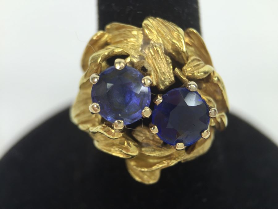 18K Yellow Gold Ring With (2) Round Blue Sapphires 6.2-6.3MM X 4.0MM Apx. 2.5 Carats Total Weight - Each Saphire Appraised At $1,000 Each But They Need Polishing - Must See In Person - Ring Size 6 9.3g [Photo 2]