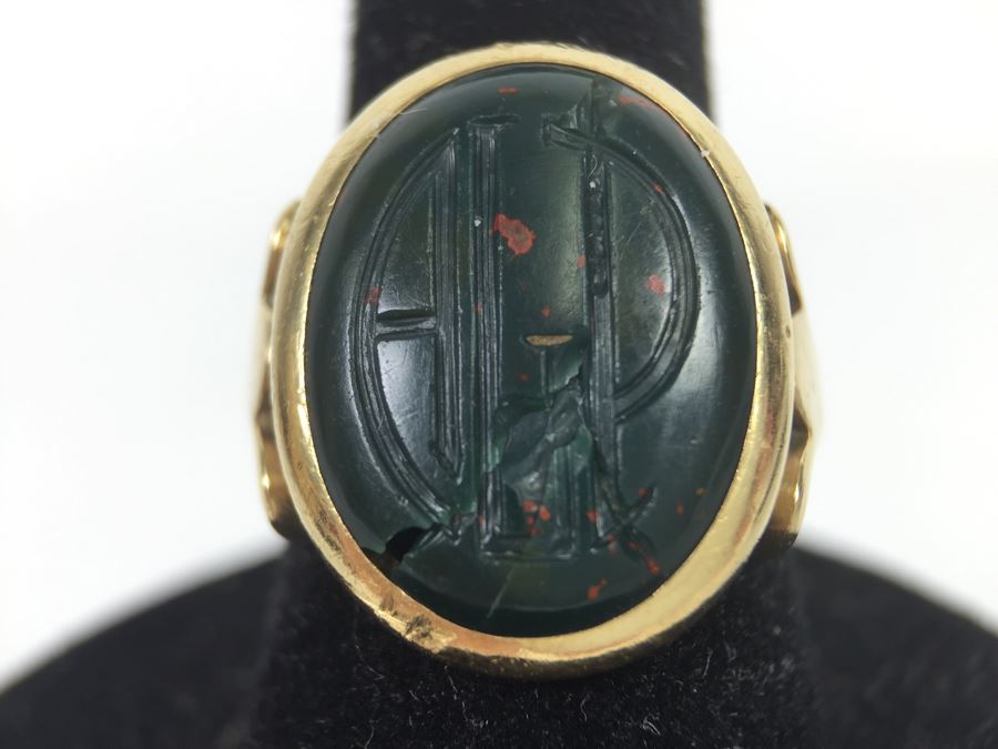 14K Yellow Gold Ring With Cracked Bloodstone Monogram 17.5 X 13.5 X 3MM Ring Size 6.5 6.2g [Photo 8]
