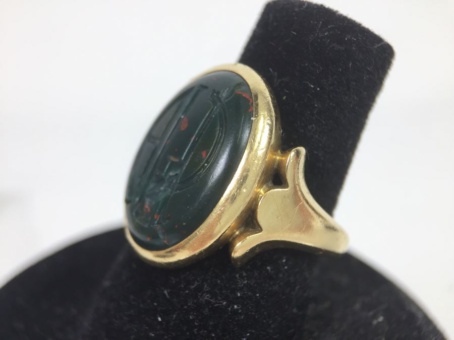 14K Yellow Gold Ring With Cracked Bloodstone Monogram 17.5 X 13.5 X 3MM Ring Size 6.5 6.2g [Photo 1]