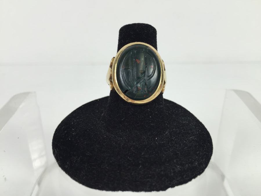 14K Yellow Gold Ring With Cracked Bloodstone Monogram 17.5 X 13.5 X 3MM Ring Size 6.5 6.2g [Photo 3]