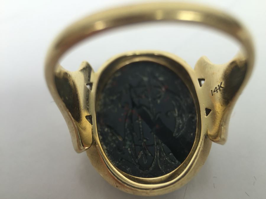 14K Yellow Gold Ring With Cracked Bloodstone Monogram 17.5 X 13.5 X 3MM Ring Size 6.5 6.2g [Photo 10]