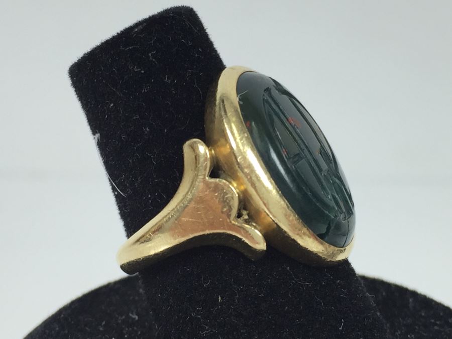 14K Yellow Gold Ring With Cracked Bloodstone Monogram 17.5 X 13.5 X 3MM Ring Size 6.5 6.2g [Photo 5]