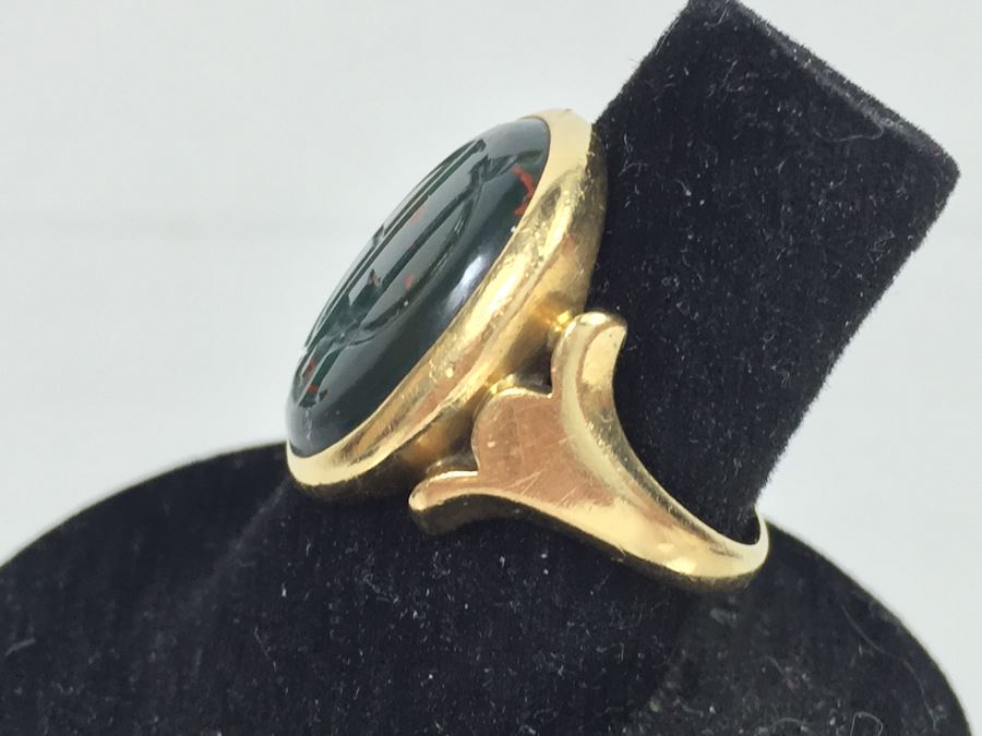 14K Yellow Gold Ring With Cracked Bloodstone Monogram 17.5 X 13.5 X 3MM Ring Size 6.5 6.2g [Photo 2]