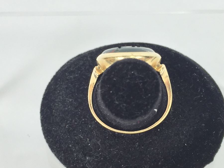 14K Yellow Gold Ring With Cracked Bloodstone Monogram 17.5 X 13.5 X 3MM Ring Size 6.5 6.2g [Photo 6]