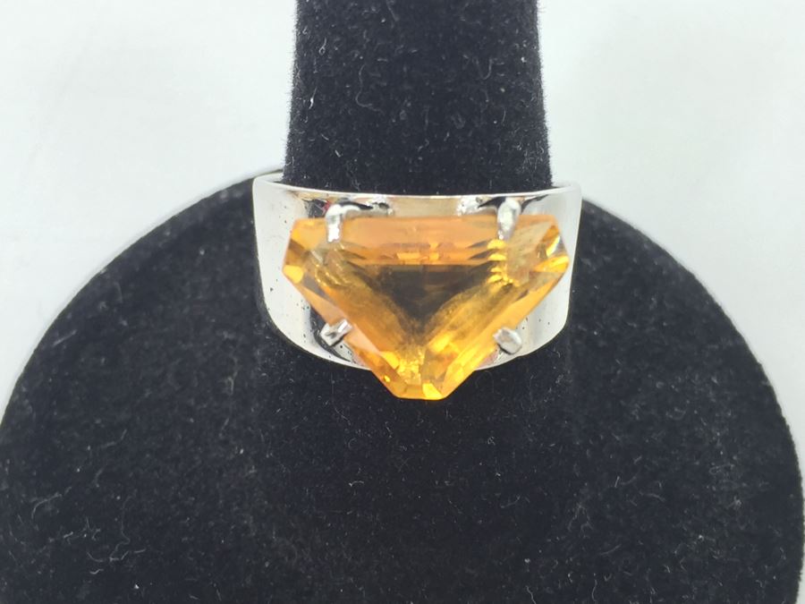 Sterling Silver Natural Citrine Fantasy Cut Ring 14.7 X 9.5 X 6.3MM Apx 4.16 Carats Ring Size 7.25 4.5g [Photo 4]