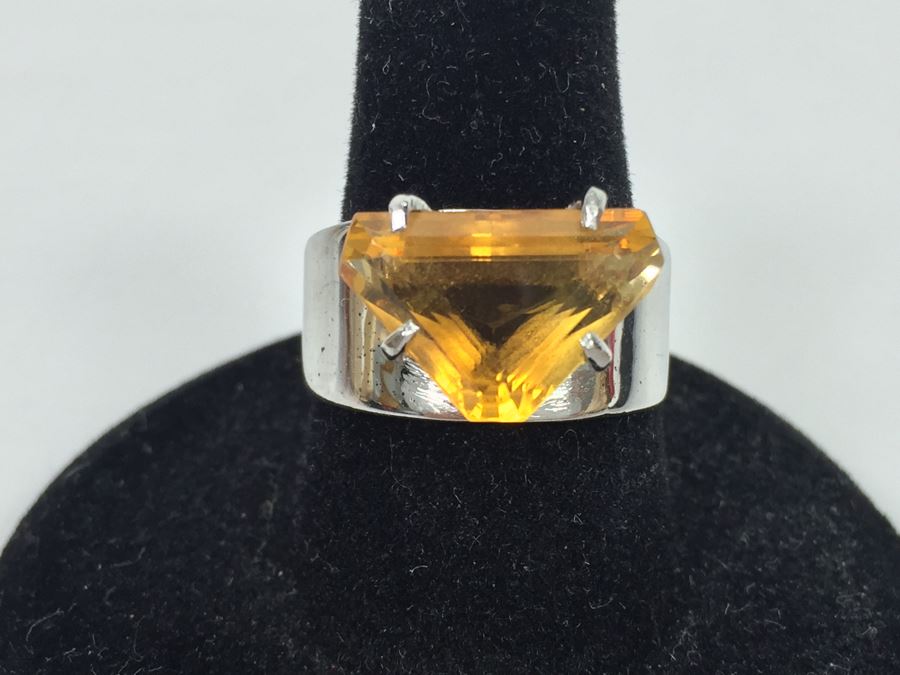 Sterling Silver Natural Citrine Fantasy Cut Ring 14.7 X 9.5 X 6.3MM Apx 4.16 Carats Ring Size 7.25 4.5g [Photo 1]