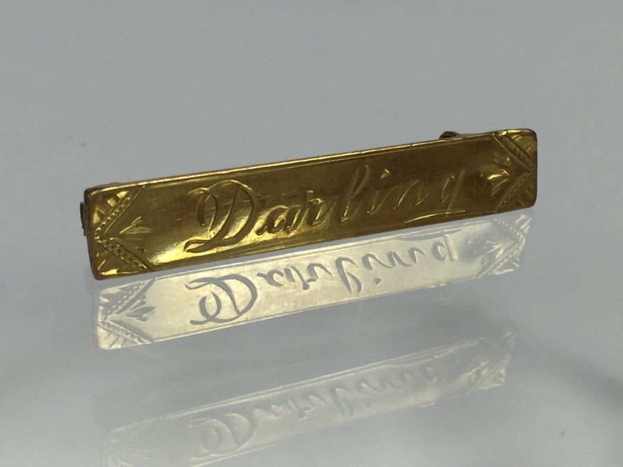 Chased Gold Tone Brooch Engraved 'Darling' Not Gold [Photo 1]