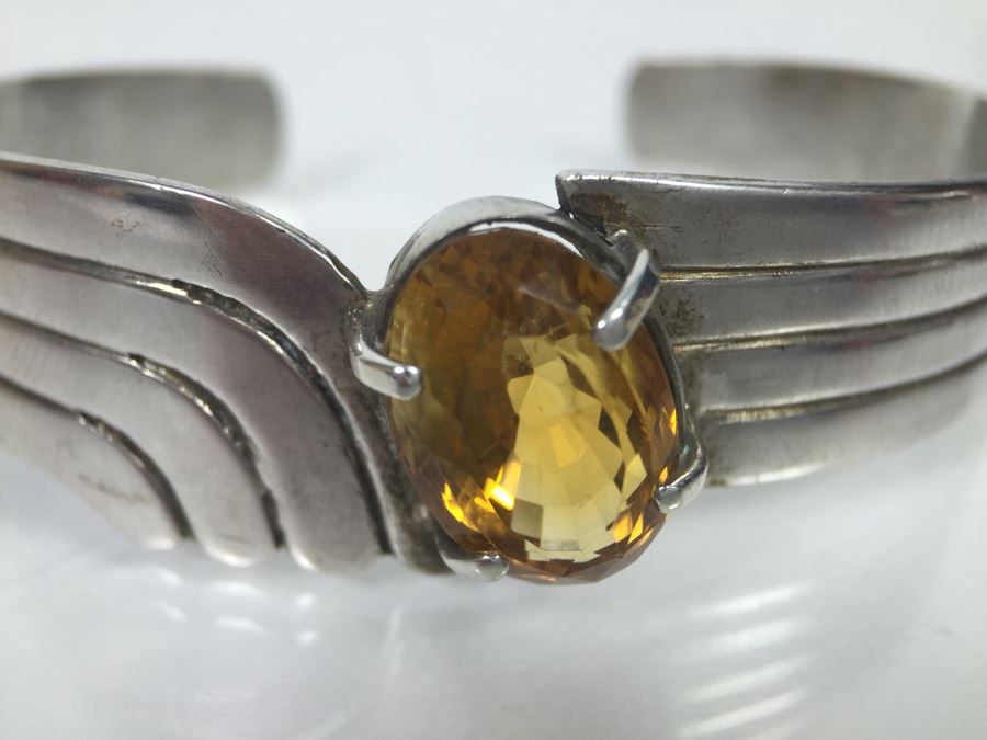 Sterling Silver Art Deco Style Cuff Bracelet With Natural Citrine 17.5 X 11.5 X 10.6MM Apx 12 Carats 20.7g [Photo 14]