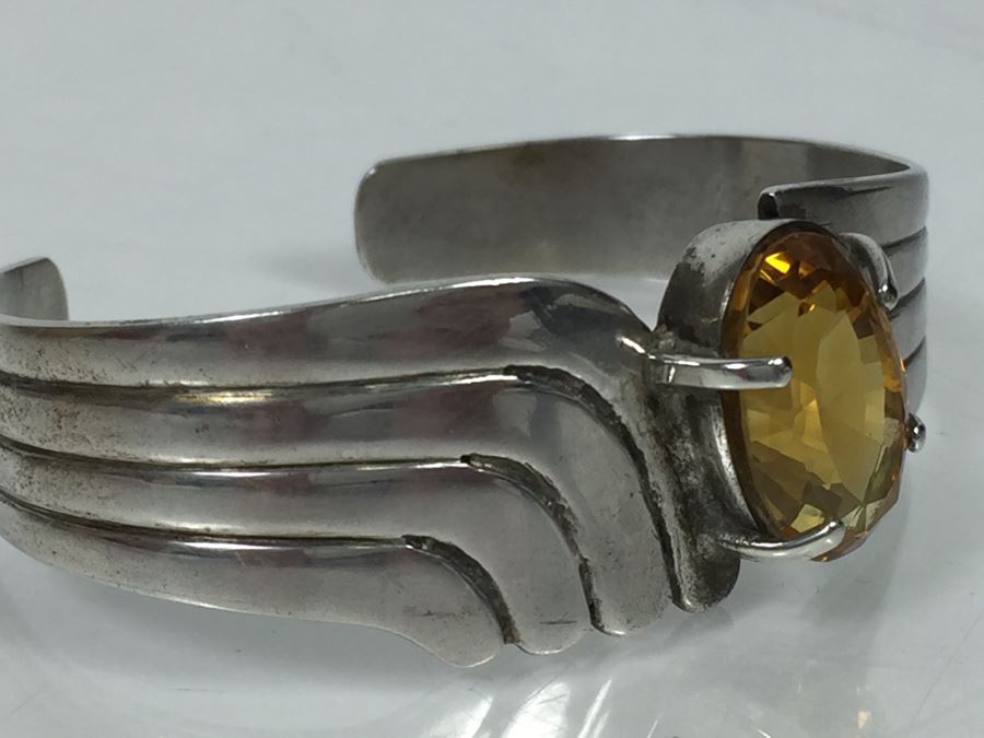 Sterling Silver Art Deco Style Cuff Bracelet With Natural Citrine 17.5 X 11.5 X 10.6MM Apx 12 Carats 20.7g [Photo 7]