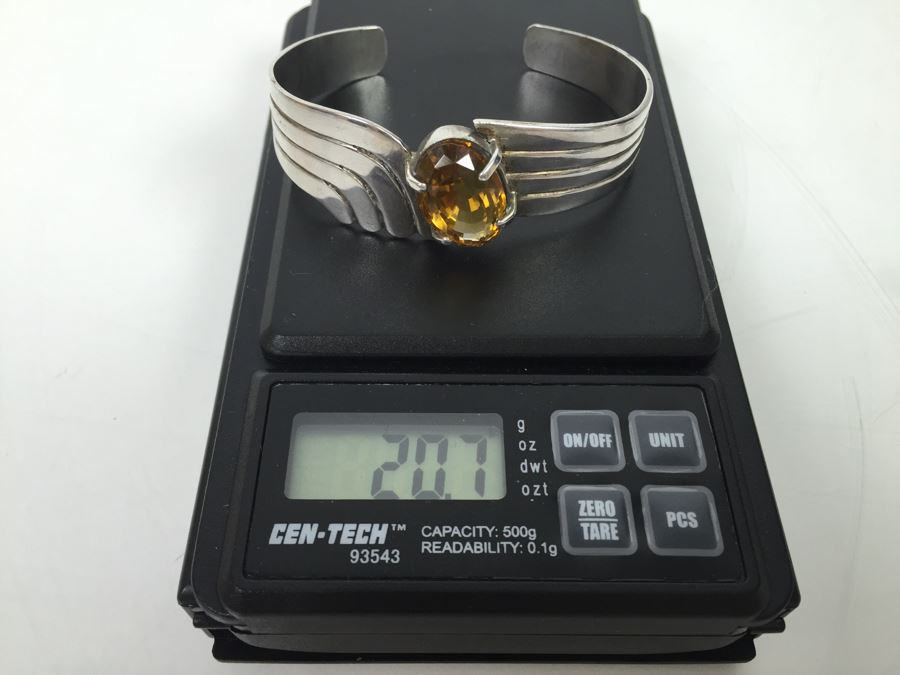 Sterling Silver Art Deco Style Cuff Bracelet With Natural Citrine 17.5 X 11.5 X 10.6MM Apx 12 Carats 20.7g [Photo 18]