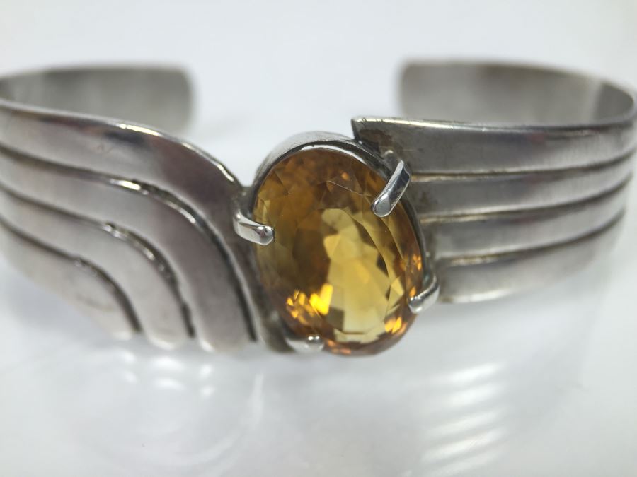 Sterling Silver Art Deco Style Cuff Bracelet With Natural Citrine 17.5 X 11.5 X 10.6MM Apx 12 Carats 20.7g [Photo 2]