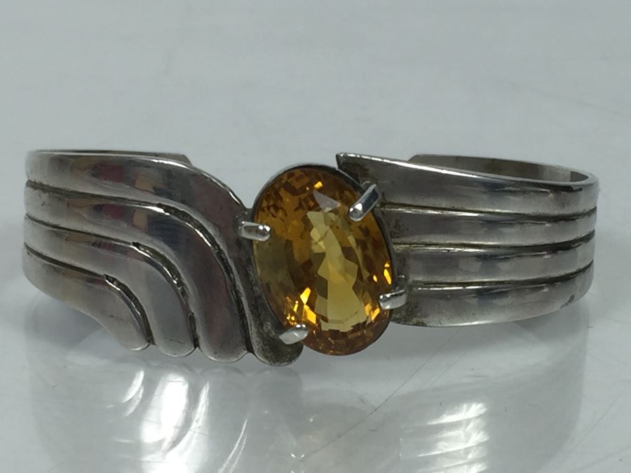 Sterling Silver Art Deco Style Cuff Bracelet With Natural Citrine 17.5 X 11.5 X 10.6MM Apx 12 Carats 20.7g [Photo 1]