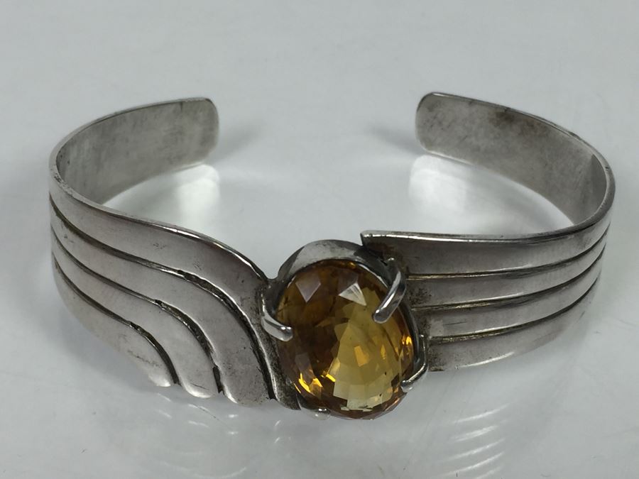 Sterling Silver Art Deco Style Cuff Bracelet With Natural Citrine 17.5 X 11.5 X 10.6MM Apx 12 Carats 20.7g [Photo 6]