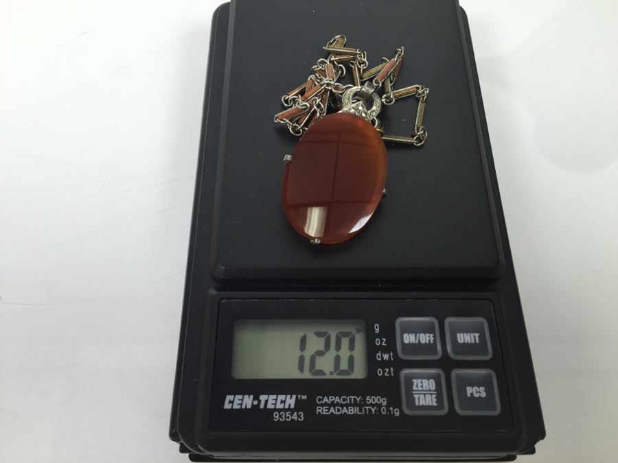 Vintage Sterling Silver Pendant With Marcasites And Chalcedony And Silver Plate On Copper Chain 12g [Photo 20]