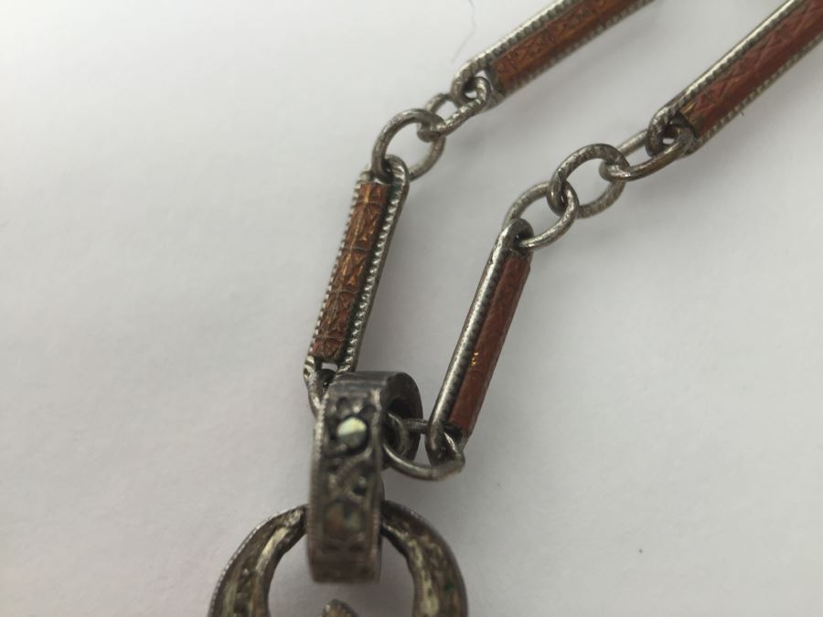 Vintage Sterling Silver Pendant With Marcasites And Chalcedony And Silver Plate On Copper Chain 12g [Photo 9]