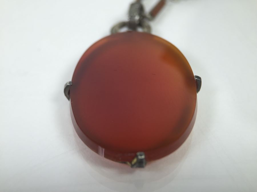 Vintage Sterling Silver Pendant With Marcasites And Chalcedony And Silver Plate On Copper Chain 12g [Photo 12]