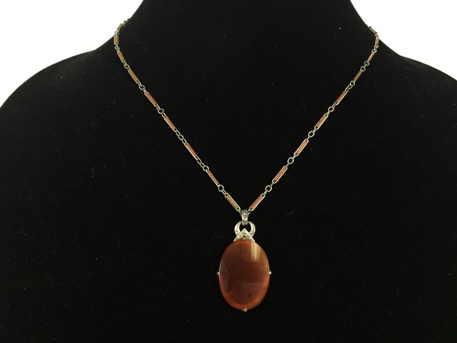 Vintage Sterling Silver Pendant With Marcasites And Chalcedony And Silver Plate On Copper Chain 12g [Photo 2]