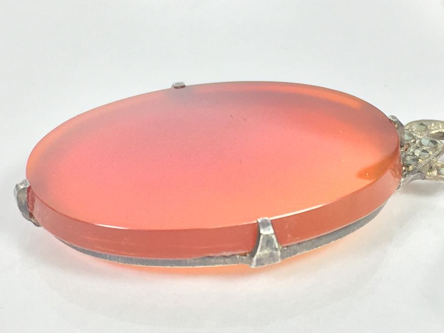 Vintage Sterling Silver Pendant With Marcasites And Chalcedony And Silver Plate On Copper Chain 12g [Photo 4]