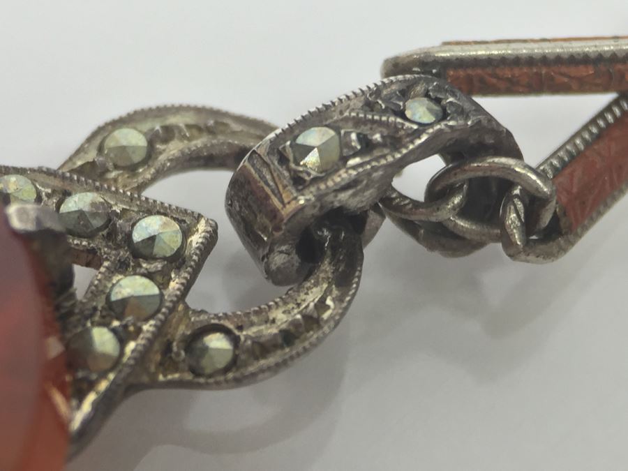 Vintage Sterling Silver Pendant With Marcasites And Chalcedony And Silver Plate On Copper Chain 12g [Photo 21]