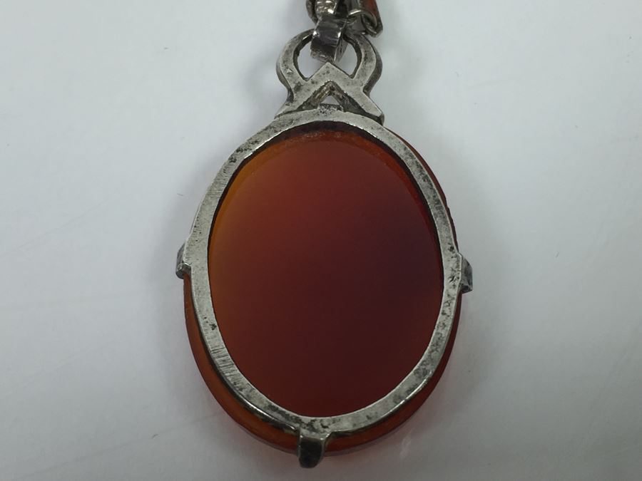 Vintage Sterling Silver Pendant With Marcasites And Chalcedony And Silver Plate On Copper Chain 12g [Photo 14]