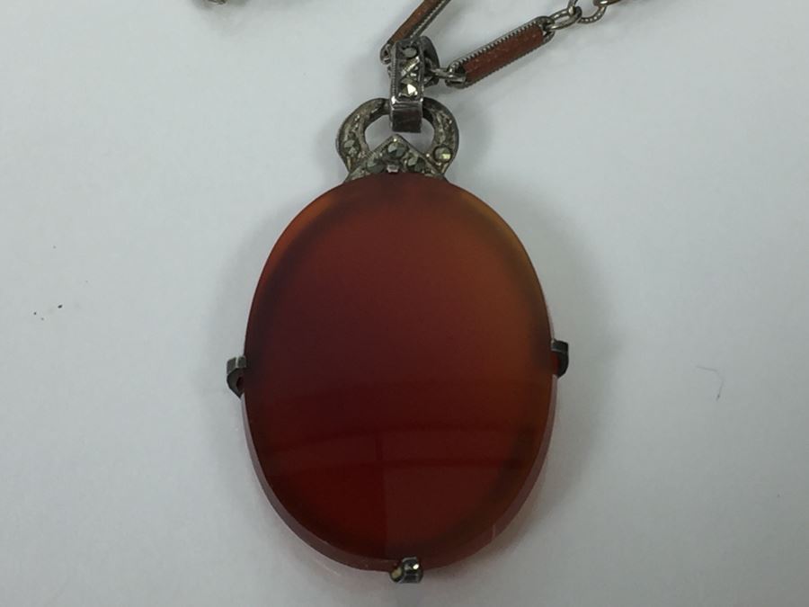 Vintage Sterling Silver Pendant With Marcasites And Chalcedony And Silver Plate On Copper Chain 12g [Photo 3]