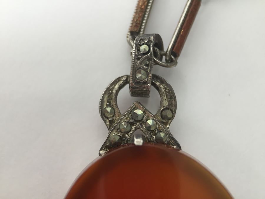 Vintage Sterling Silver Pendant With Marcasites And Chalcedony And Silver Plate On Copper Chain 12g [Photo 8]
