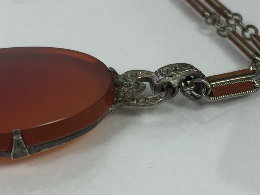 Vintage Sterling Silver Pendant With Marcasites And Chalcedony And Silver Plate On Copper Chain 12g [Photo 5]