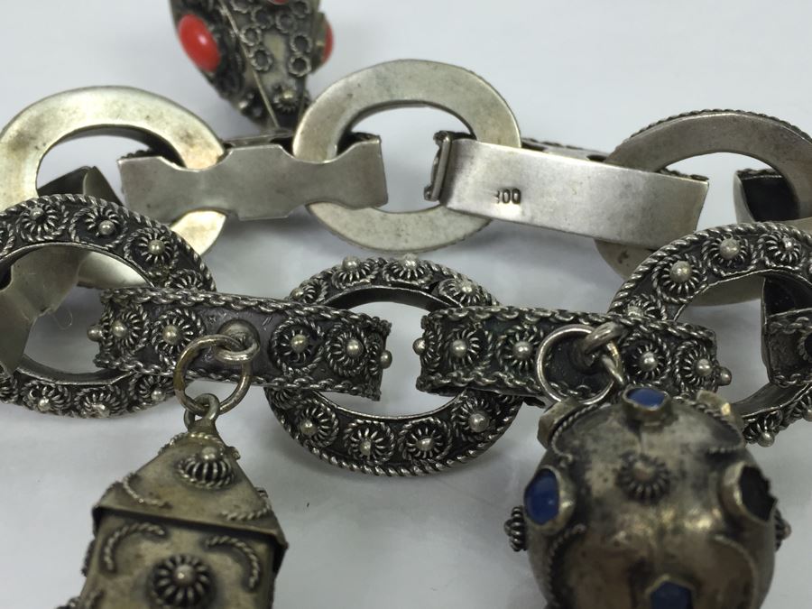 Stunning Vintage 800 Silver Charm Bracelet With Quartz And Chalcedony 66.2g [Photo 6]