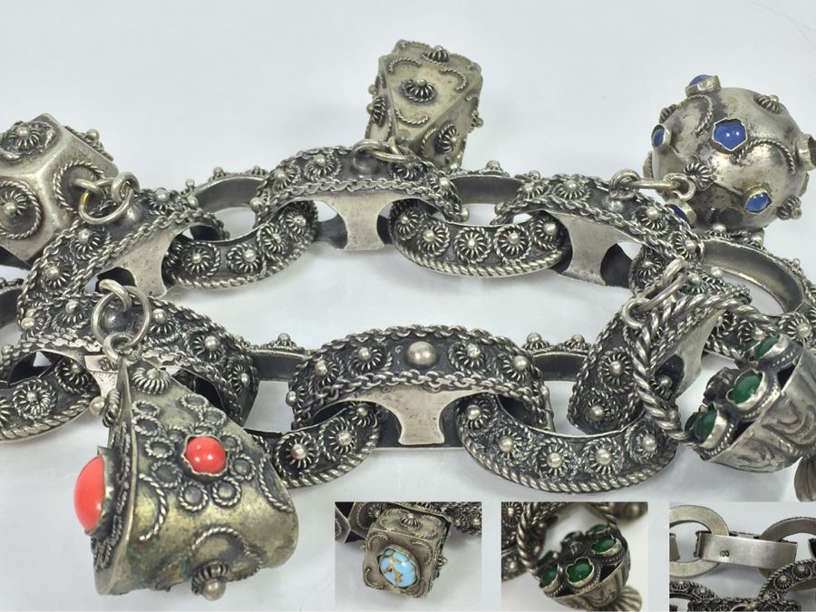 Stunning Vintage 800 Silver Charm Bracelet With Quartz And Chalcedony 66.2g [Photo 1]