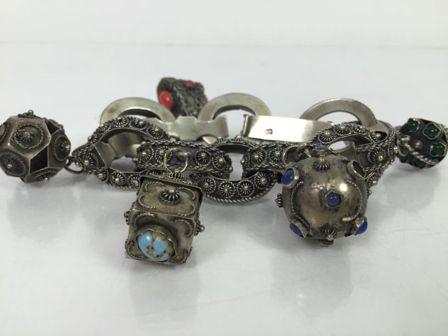 Stunning Vintage 800 Silver Charm Bracelet With Quartz And Chalcedony 66.2g [Photo 4]