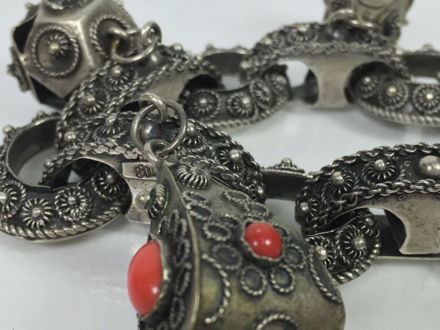 Stunning Vintage 800 Silver Charm Bracelet With Quartz And Chalcedony 66.2g [Photo 20]