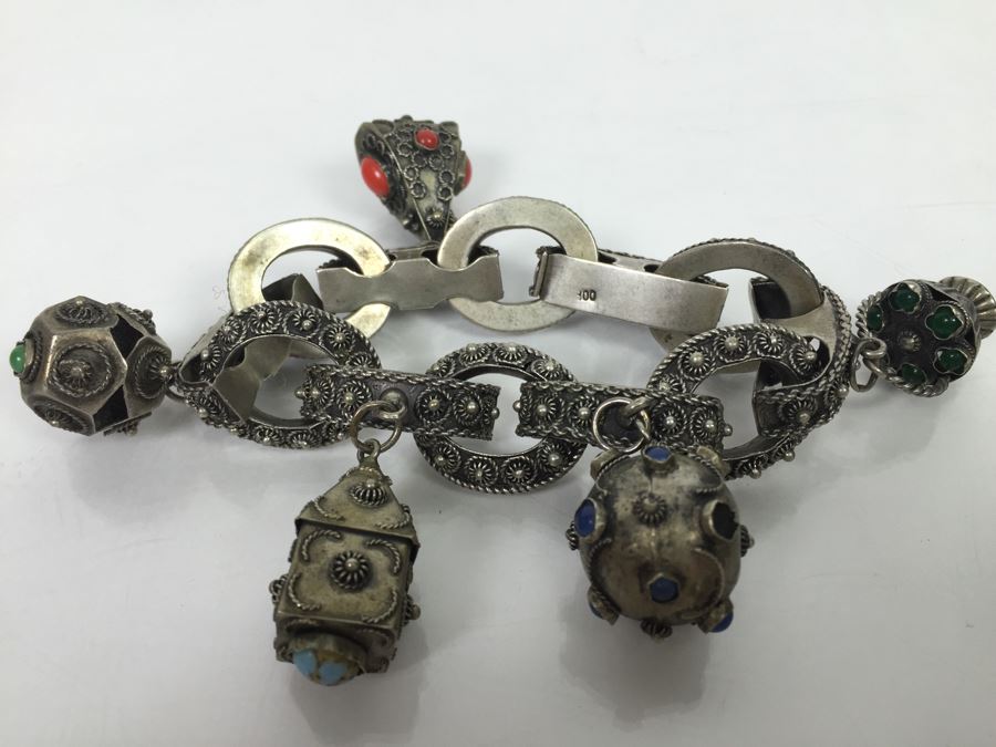 Stunning Vintage 800 Silver Charm Bracelet With Quartz And Chalcedony 66.2g [Photo 3]