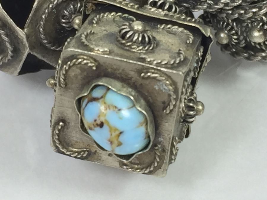 Stunning Vintage 800 Silver Charm Bracelet With Quartz And Chalcedony 66.2g [Photo 13]