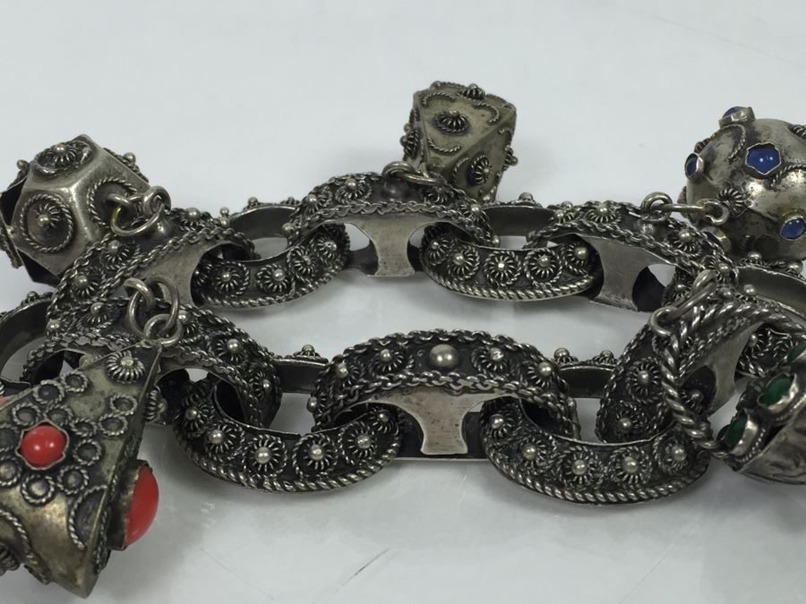 Stunning Vintage 800 Silver Charm Bracelet With Quartz And Chalcedony 66.2g [Photo 16]