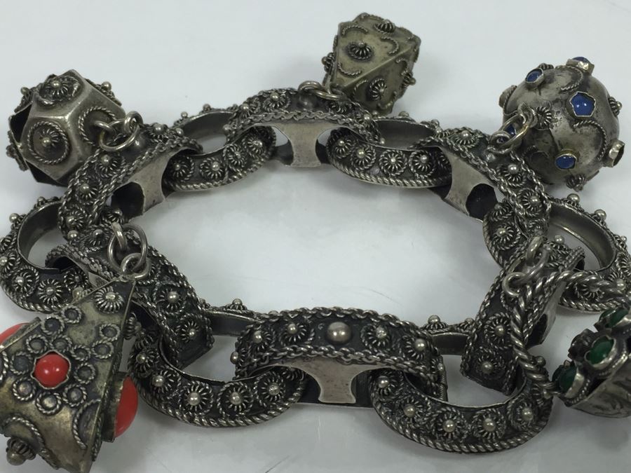 Stunning Vintage 800 Silver Charm Bracelet With Quartz And Chalcedony 66.2g [Photo 15]