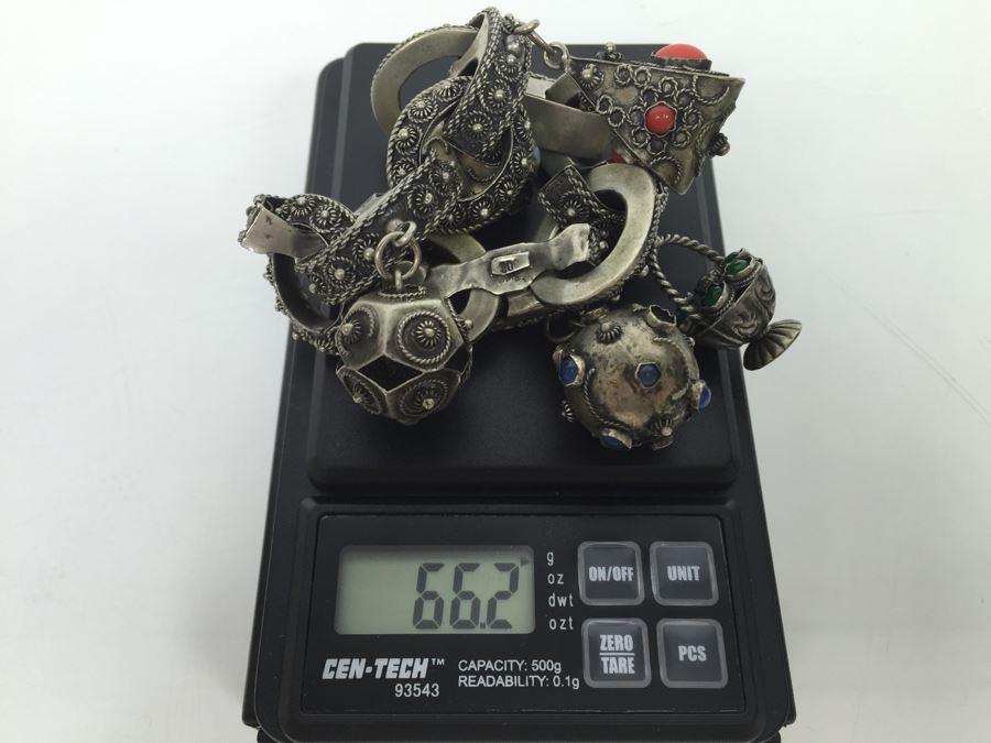 Stunning Vintage 800 Silver Charm Bracelet With Quartz And Chalcedony 66.2g [Photo 27]