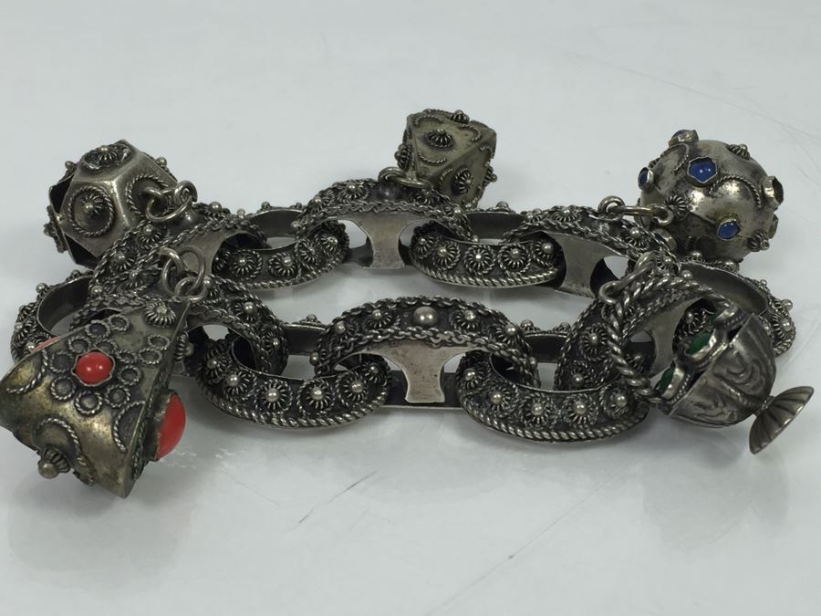 Stunning Vintage 800 Silver Charm Bracelet With Quartz And Chalcedony 66.2g [Photo 17]