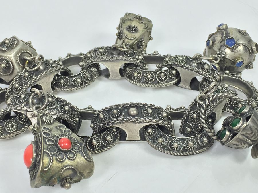 Stunning Vintage 800 Silver Charm Bracelet With Quartz And Chalcedony 66.2g [Photo 2]