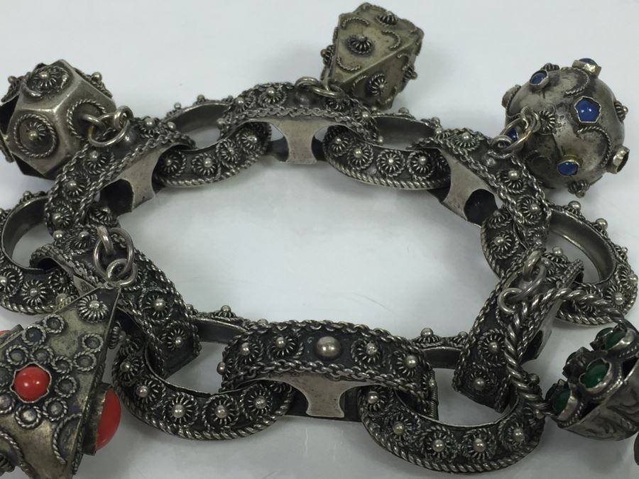 Stunning Vintage 800 Silver Charm Bracelet With Quartz And Chalcedony 66.2g [Photo 14]