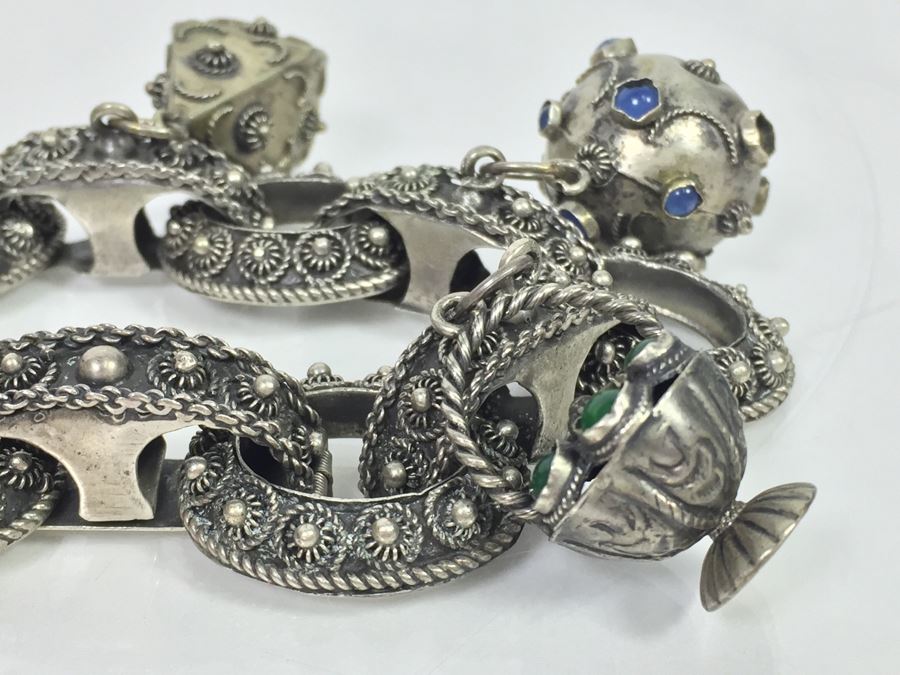 Stunning Vintage 800 Silver Charm Bracelet With Quartz And Chalcedony 66.2g [Photo 22]