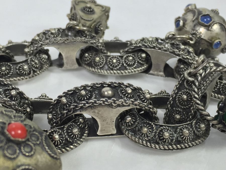 Stunning Vintage 800 Silver Charm Bracelet With Quartz And Chalcedony 66.2g [Photo 21]
