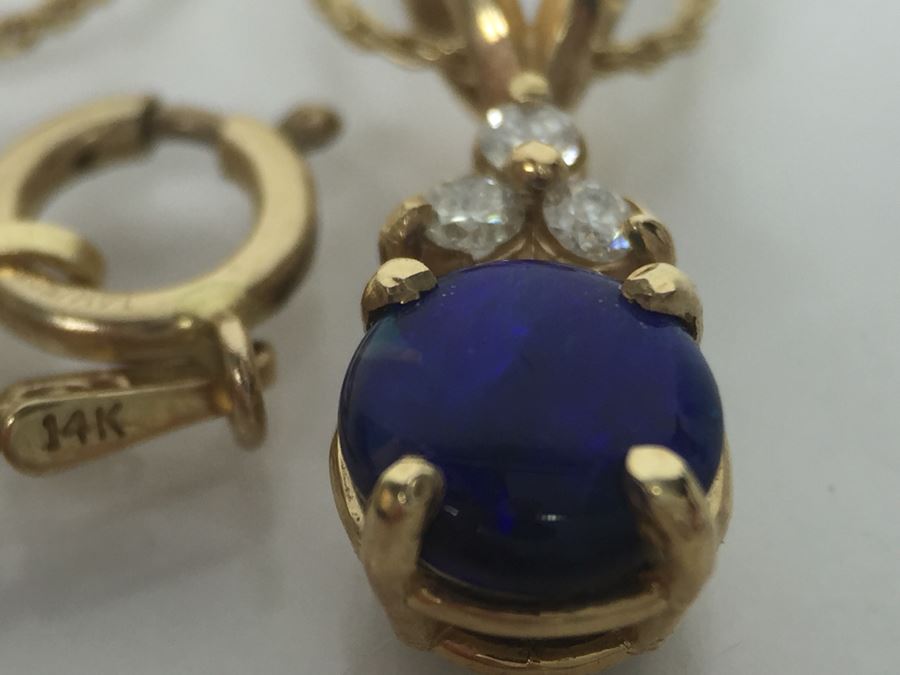 14K Yellow Gold Black Opal And Diamond Pendant With Chain Plus Matching Earrings Diamonds Si-2 To I-1 Clarity GH Color 3.9g [Photo 12]