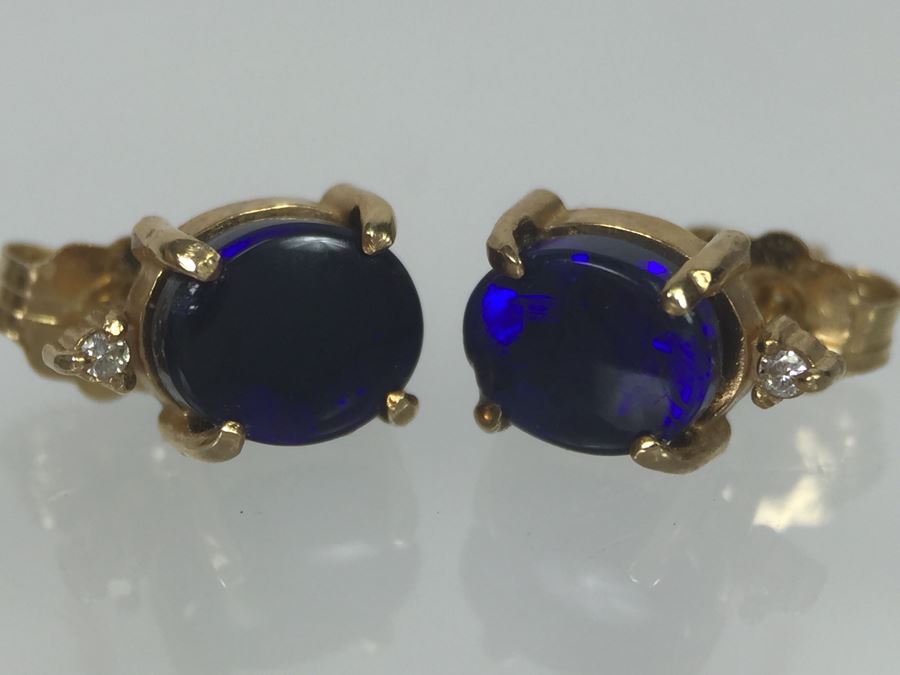 14K Yellow Gold Black Opal And Diamond Pendant With Chain Plus Matching Earrings Diamonds Si-2 To I-1 Clarity GH Color 3.9g [Photo 18]