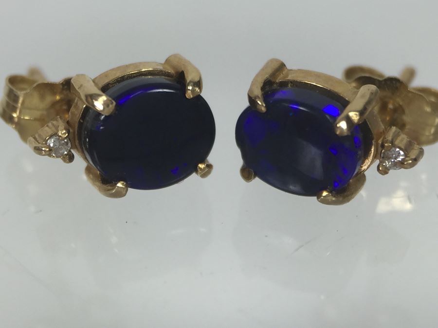 14K Yellow Gold Black Opal And Diamond Pendant With Chain Plus Matching Earrings Diamonds Si-2 To I-1 Clarity GH Color 3.9g [Photo 20]