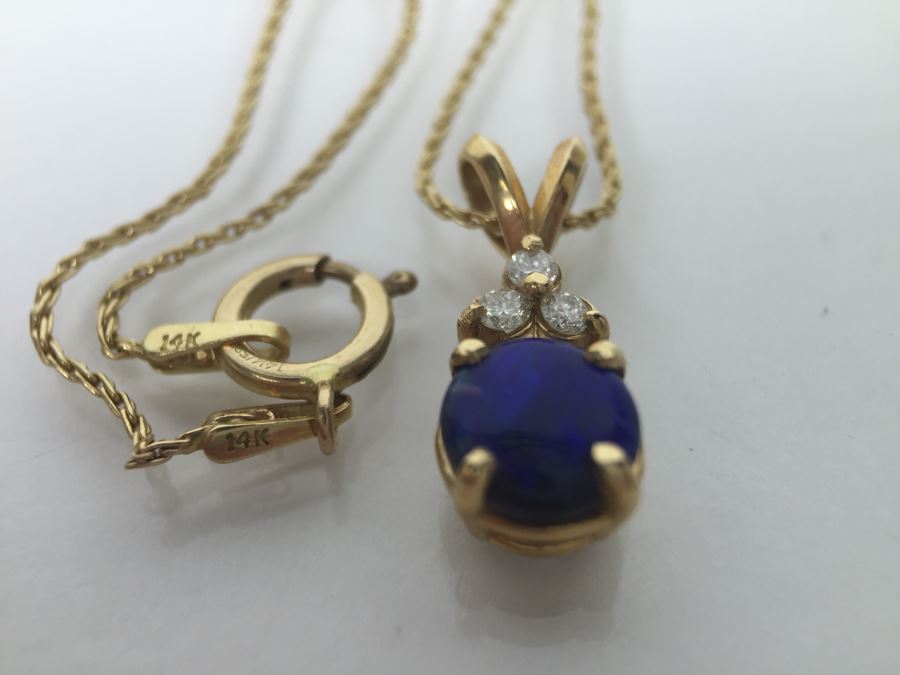 14K Yellow Gold Black Opal And Diamond Pendant With Chain Plus Matching Earrings Diamonds Si-2 To I-1 Clarity GH Color 3.9g [Photo 10]