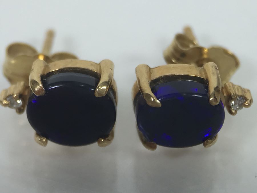 14K Yellow Gold Black Opal And Diamond Pendant With Chain Plus Matching Earrings Diamonds Si-2 To I-1 Clarity GH Color 3.9g [Photo 15]