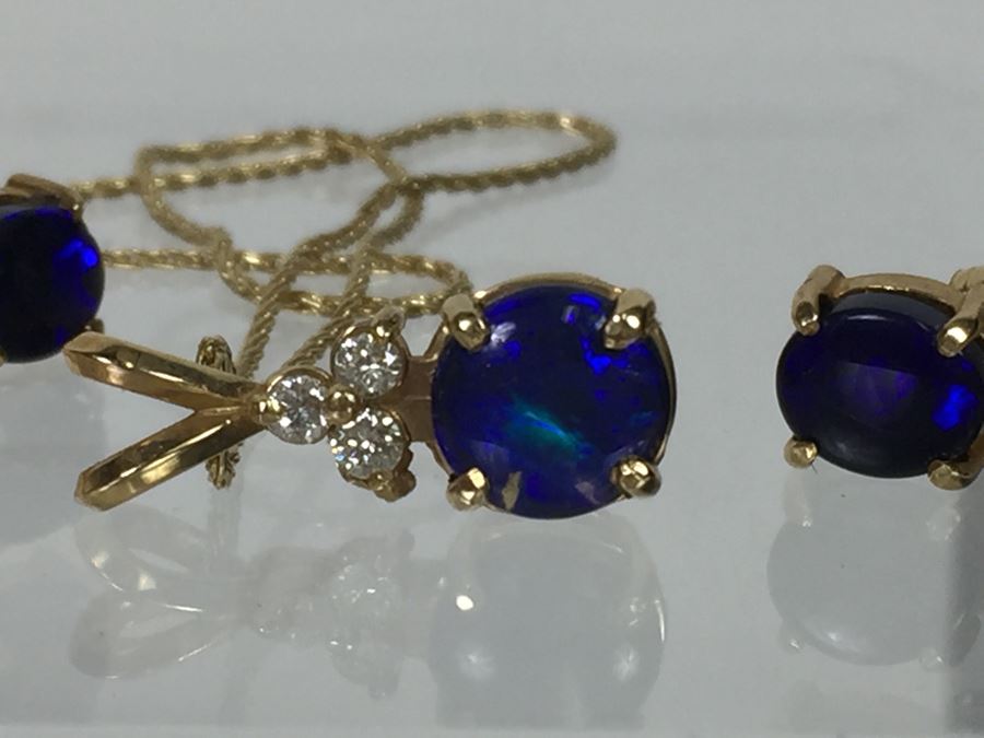 14K Yellow Gold Black Opal And Diamond Pendant With Chain Plus Matching Earrings Diamonds Si-2 To I-1 Clarity GH Color 3.9g [Photo 27]