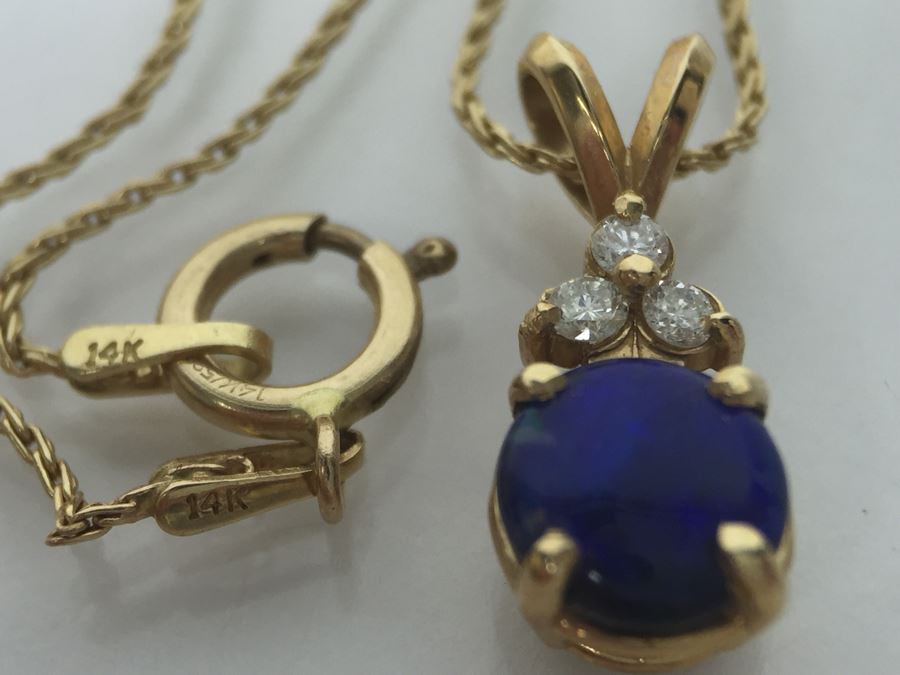 14K Yellow Gold Black Opal And Diamond Pendant With Chain Plus Matching Earrings Diamonds Si-2 To I-1 Clarity GH Color 3.9g [Photo 11]